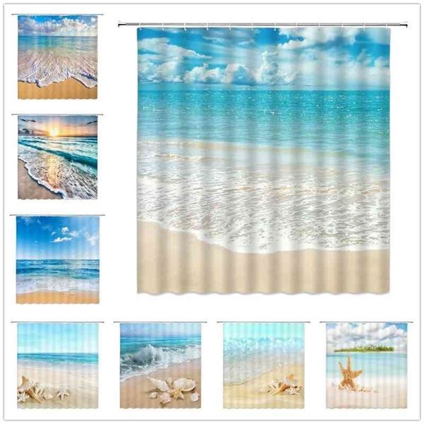 Tende da doccia Ocean Beach Onda del mare Cielo blu Hawaii Scenario Conchiglia Stelle marine Decorazioni per la casa Bagno Vasca da bagno Set di tende in tessuto impermeabile 210609