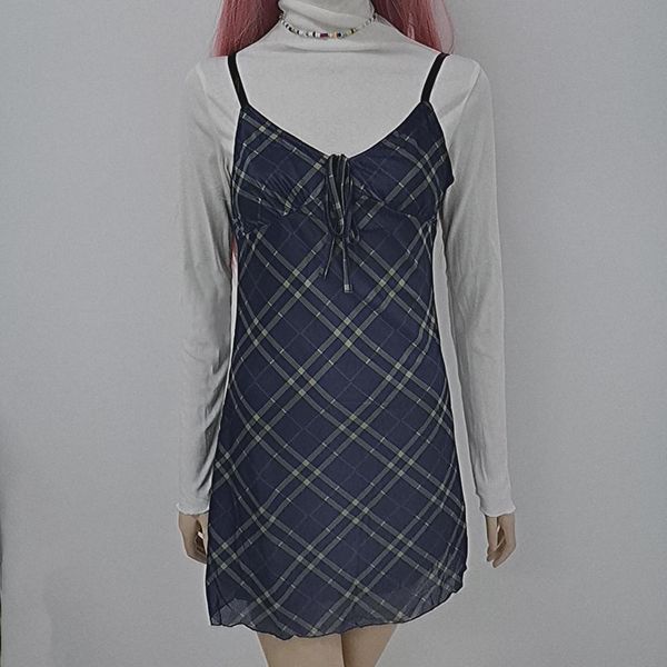 

plaid allneon front e-girl bandage 90s ruffles spaghetti dresses strap vintage mesh v-neck backless a-line mini dress partywear, Black;gray
