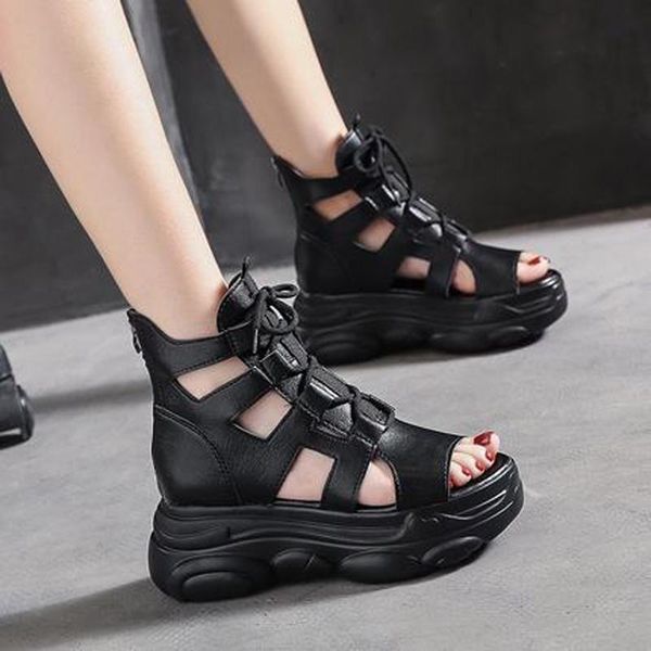 

spring wedge heels thick bottomed sandals fashion narrow band back zipper high platform open toe women casual sports shoes, Black