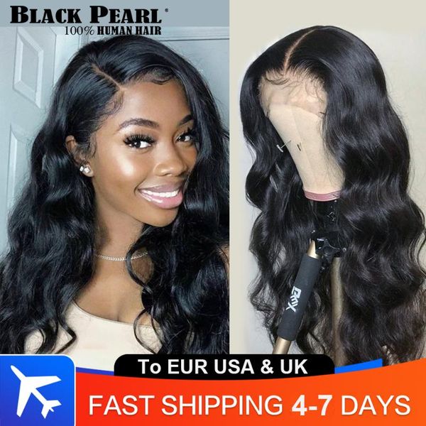 

lace wigs black pearl body wave front wig 360 fronal brazilian 4x4 closure pre-plucked human hair, Black;brown