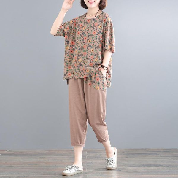 

summer cotton and linen two piece suit o-neck short sleeve print + casual cropped trousers 2 pieces sets y149 women's pants, White