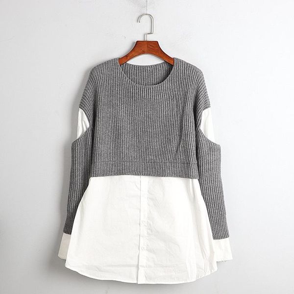 

women's sweaters faux 2 piece pullover loose long sweater 2021 fall for women knitted patchwork blouse shirt, White;black