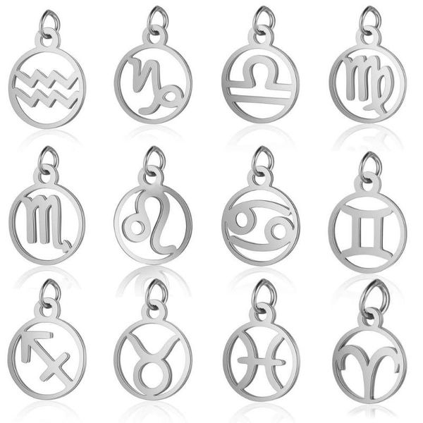 

charms stainless steel zodiac necklace pendant anti-corrosion 12 constellation hollow small round charm jewelry, Bronze;silver