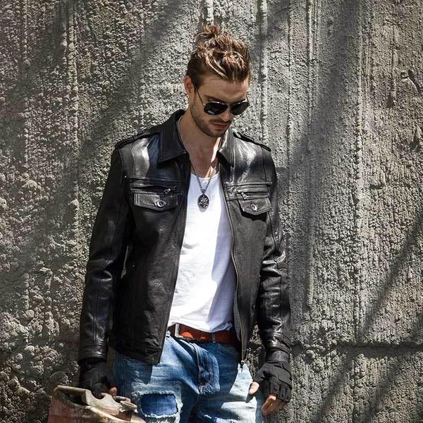 

men's leather & faux real sheepskin jacket motorcycle genuine men vintage veste cuir homme dk056 kj2114, Black