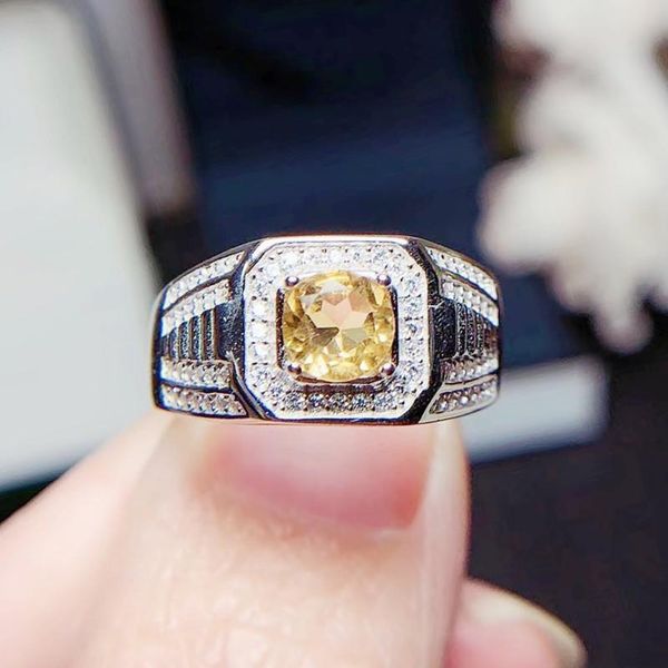 

cluster rings per jewelry men ring natural real citrine round 0.7ct gemstone 925 sterling silver fine t213175, Golden;silver
