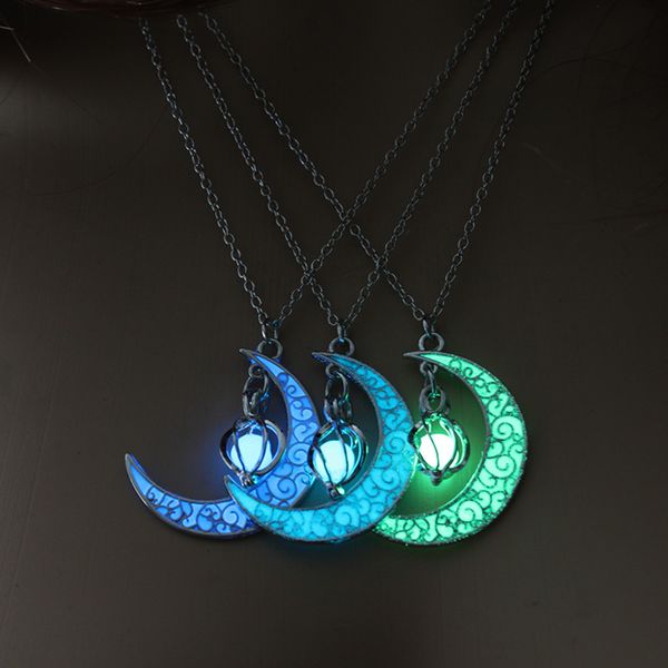 

moon glowing necklace gem charm jewelry silver plated women halloween pendant hollow luminous stone gifts