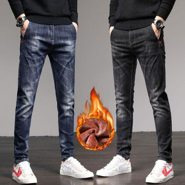 

men's jeans 2021 stretch slim fit pants winter plush thick warm, Blue