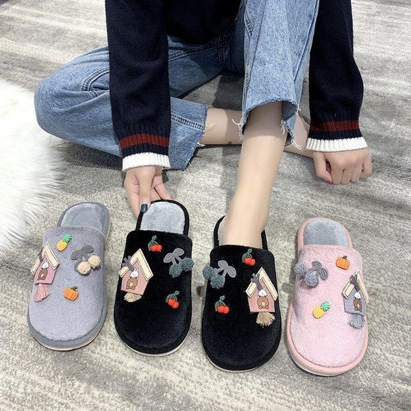 

winter warm home women fur slippers cute indoor cartoon ladies soft shoes, Black