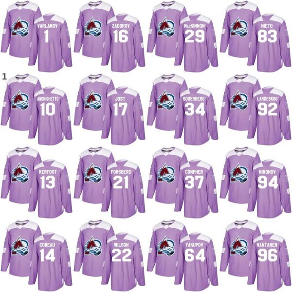 

colorado avalanche jerseys purple fights cancer practice 29 nathan mackinnon 83 matt nieto 92 gabriel landeskog 96 mikko rantanen jerseys, Black;red