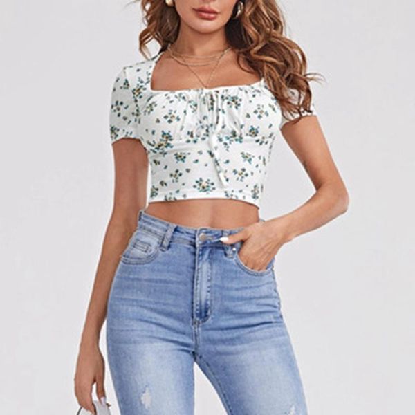 

women's t-shirt fashion small floral short sleeve drawstring tie tight white
