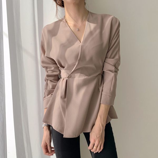 

knits chic design v-neck long sleeve black shirt retro slim bandage waist blouse plus size clothes women elegant ol style office, White