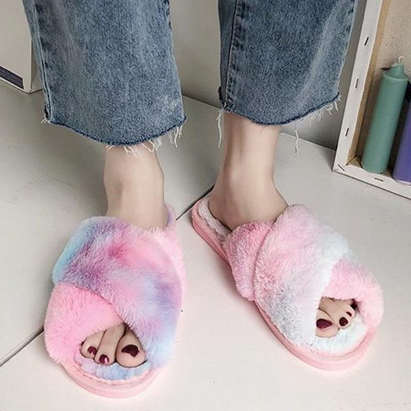 

fluffy home slippers women faux fur cozy furry slides open toe slip on soft house floor plush warm shoes, Black