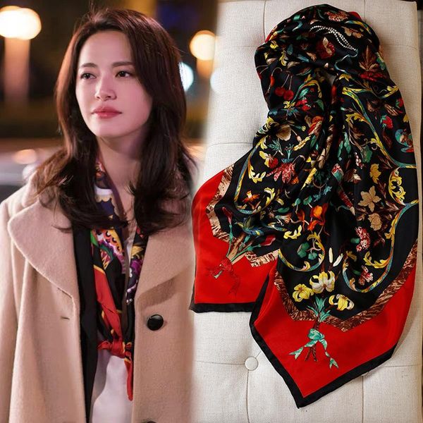 

scarves real silk scarf square women fashion soft printed natural for ladies elegant foulard femme 90 cm hijab head, Blue;gray