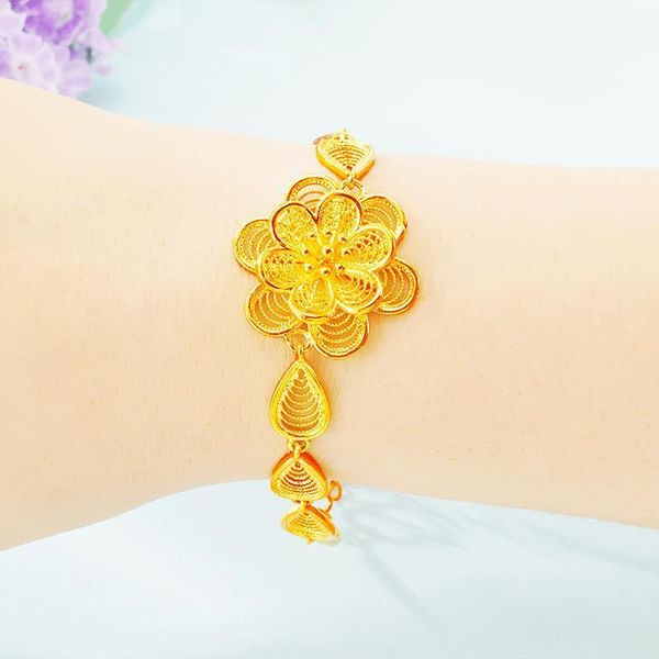 

charm bracelets 24k gold plated bracelet for women girls hollow leaf rose flower chain engagement wedding bride jewelry gift, Golden;silver