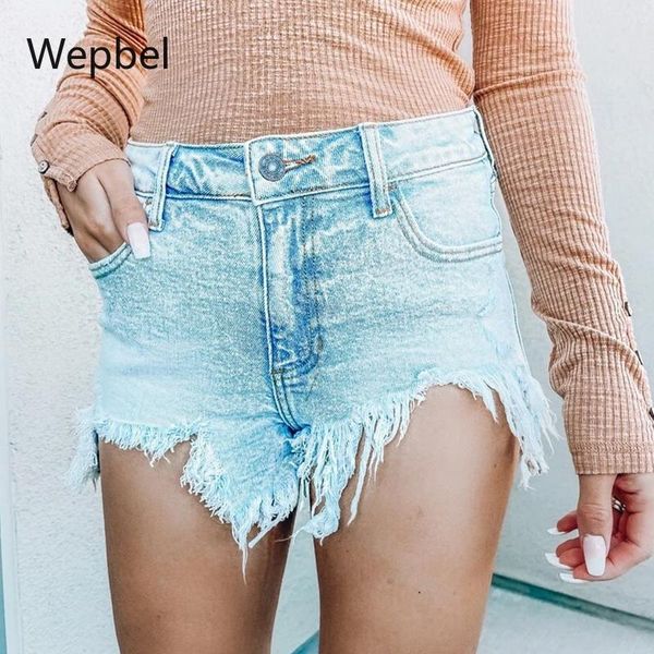 

women's jeans wepbel straight-leg denim shorts pants high waist washed womenhole ripped club wear, Blue