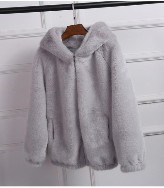

women's fur & faux winter loose coat hooded warm solid color fashion fluffy teddy bear regular with trim hood full woman, Black