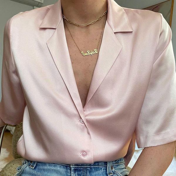 

women's blouses & shirts moarcho satin short sleeve turn down collar button fashion thin streetwear nightclub 2021 autumn, White