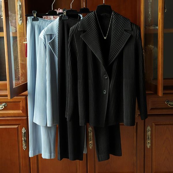 

women's two piece pants 2021 spring miyake pleated blazer black suits women sets straight button jacket high fashion aesthetic clothes, White