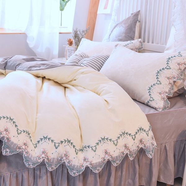 

printed princs fitted sheet style bed skirt four piece lace edge white grey