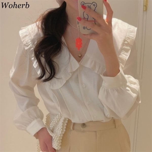 

shirt women spring blouses vintage ruffled peter pan collar white korean elegant fashion blusas mujer 4i368 210519