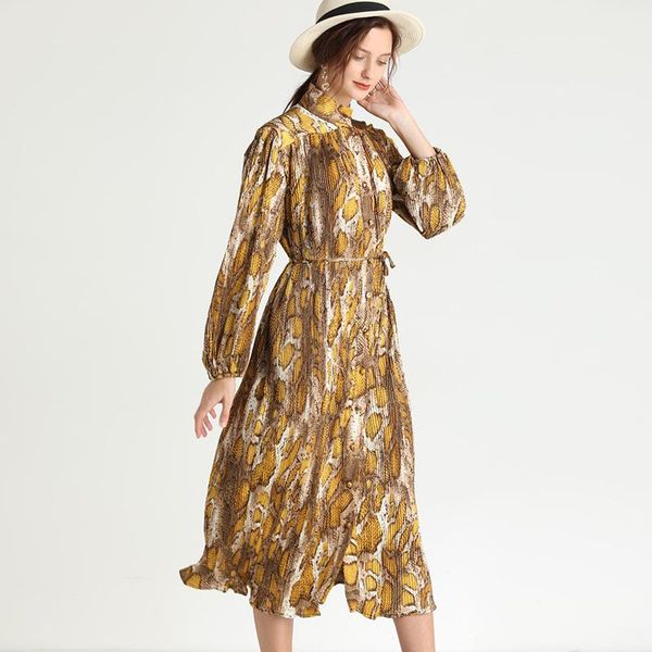 

spring elegant fashion women stand collar retro french long beach dress waist belt loose fit big size female pleated print casual dresses, Black;gray