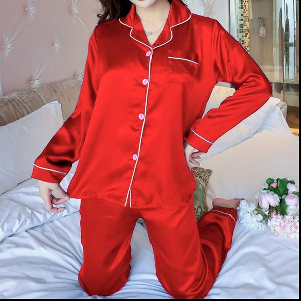 

2pcs pajamas sets lapel womens sleepwears imitation silk long sleeve home wear ladies mujer satin pants nightgown sleepwear, Black;red