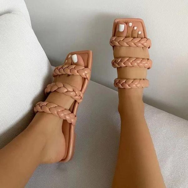 

slippers women square toe 2021 woman weave flat summer female casual beach shoes ladies comfort footwear women's slide plus size, Black