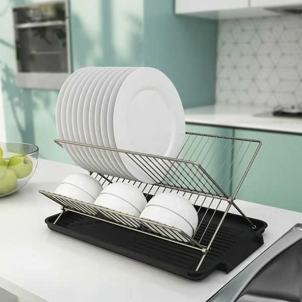 

folding dish drainer kitchen draining rack holder -drying shelf with tray plates bowl tableware storage & organization