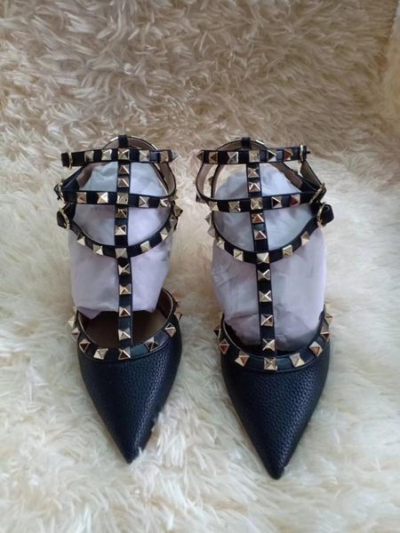 

sandals brand t-strap with rivets high heels patent pointed toe rubber soles women shoes 6cm, Black