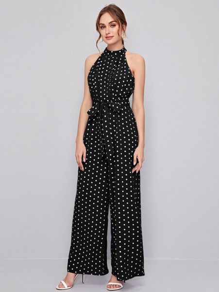 

pleated front self belted polka dot halter jumpsuit q8dp#, White