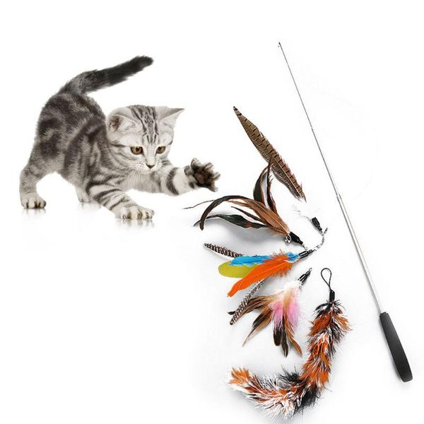 

cat toys 6pcs retractable funny stick diy replacement head pet teaser set