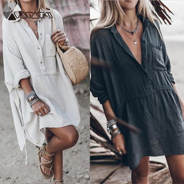 

casual dresses plus size women shirt loose long sleeve button pocket vintage mini cotton linen femme streetwear vestidos robes, Black;gray