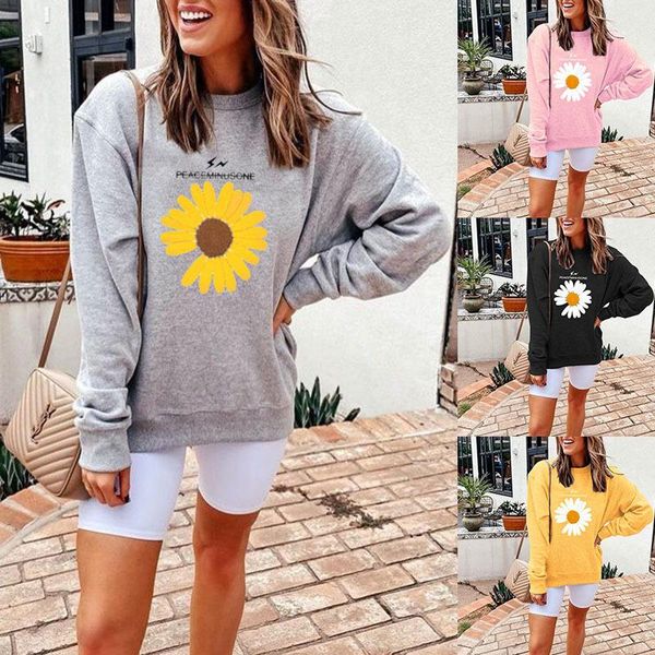 

women's hoodies & sweatshirts 2021 autumn winter daisy printed long-sleeved round neck pullover women 's hoodie casual student shi, Black