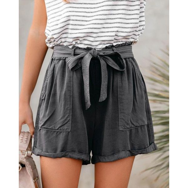 

women's shorts uclio loose-fitting lace-up mid-waist solid color urban casual slimming curled trousers gray, White;black