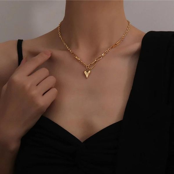 

titanium steel love heart chunky necklace for women gold color clavicle chain fashion female choker jewelry charm pendant necklaces, Silver