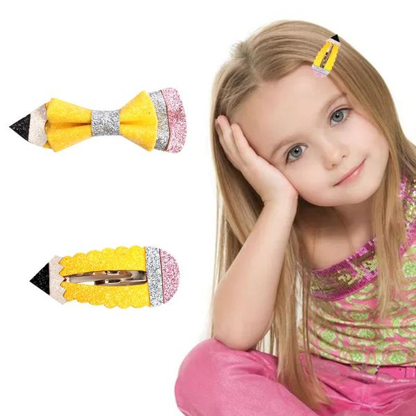 

hair accessories pencil clips back to school shining bow yellow color hearwear hairclips for girls metal barrettes, Slivery;white