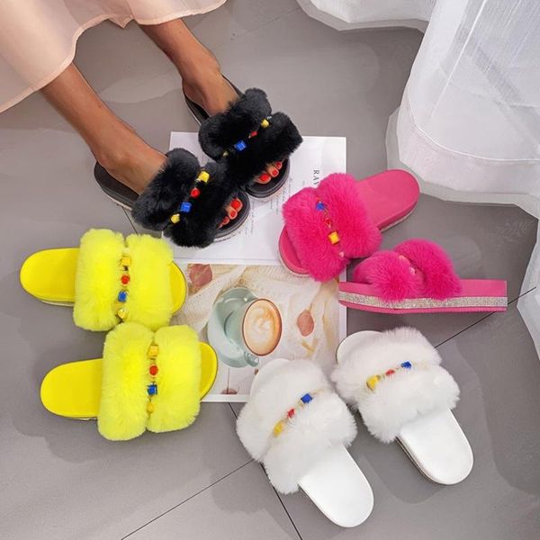 

slippers causal plush shoes home 2021 women's sandals outer wear rhinestone platform large size, Black