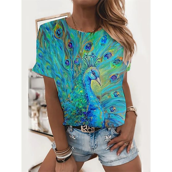

peacock print women's fashion style 3d printing round neck casual streetwear summer basic short-sleeved t-shirt, White