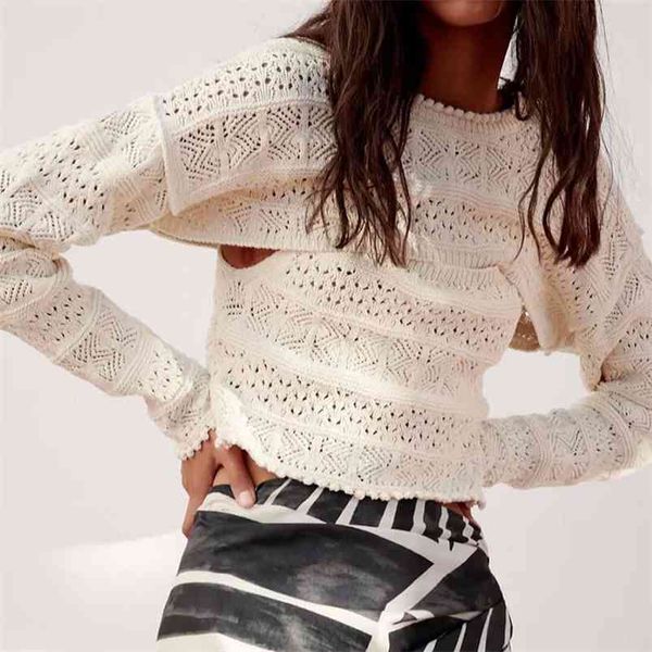 

women summer short knitting blouses shirts za o-neck long sleeve hollow out female fashion casual blusas 210513, White