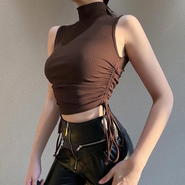 

women's tanks & camis knitted tank women black sleeveless blouse 2021 y2k spring trend turtleneck drawstring pullovers t-shirt solid k, White