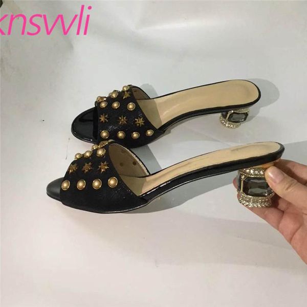 

slippers glass heel rhinestone women black leather rivets pearl mules ladies slides strange style high summer shoes woman