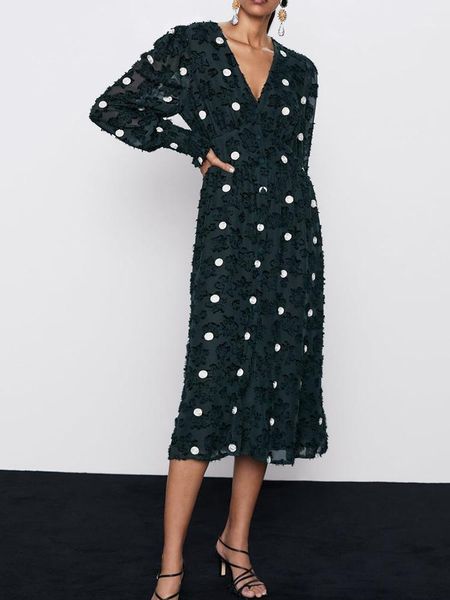 

casual dresses women elegant office wear midi dress long sleeve polka dots female elastic waist chic vestidos v-neck dot empire, Black;gray