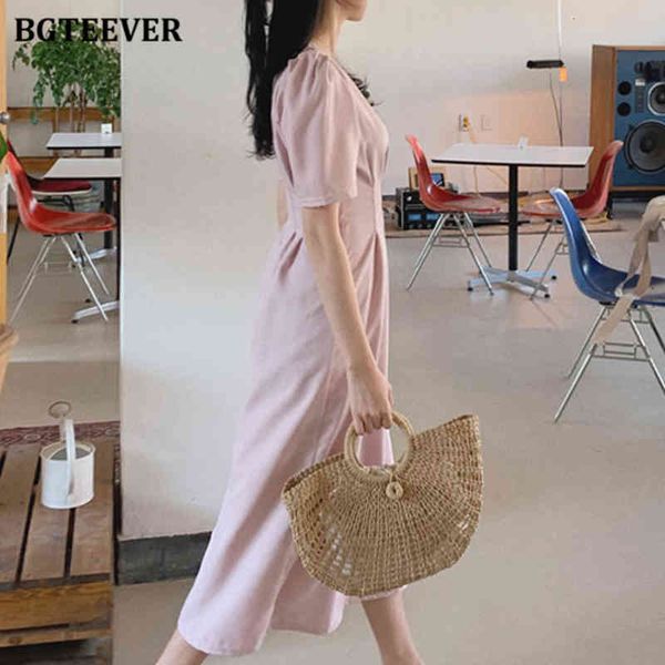 

dresses casual puff sleeve o-neck women midi slim waist a-line vestidos femme summer solid female long dress 117x, Black;gray