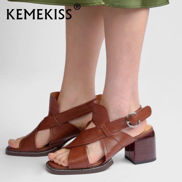 

dress shoes kemekiss size 35-43 women high heel sandals genuine leather buckle fashion cool thick party footwear, Black