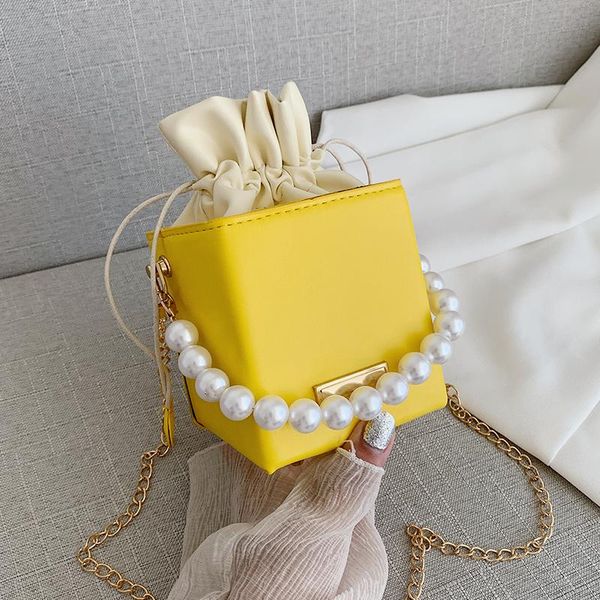 

evening bags women's small handbags pearl chain handle bucket bag leather candy color purse crossbody shoulder for women sale