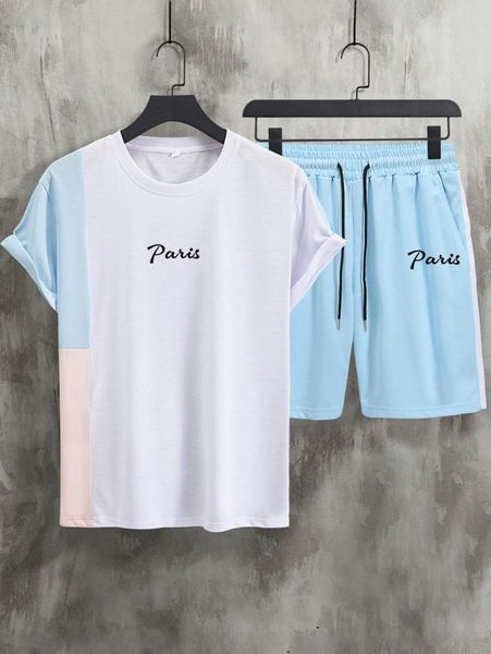 

men letter graphic contrast panel tee & drawstring waist shorts s08d#, Gray