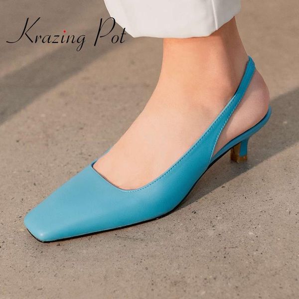 

krazing pot genuine leather square toe med heel slingback shoes three colors beauty lady streetwear slip on cozy women pumps l72, Black
