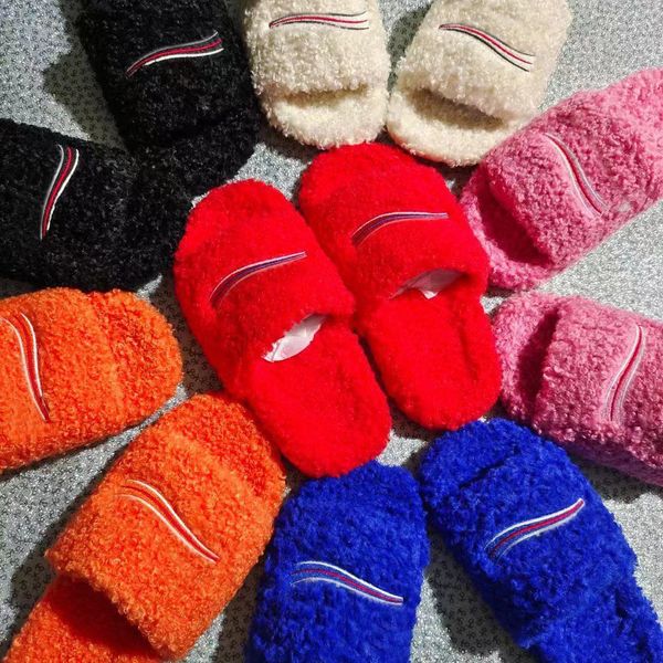 

2022 womens fur slippers ladies wool slippers slides winter fluffy furry warm letters sandals comfortable fuzzy girl flip flop slipper 35-40, Black