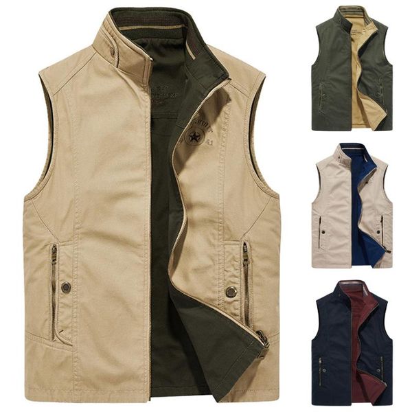 

men's vests 2021 autumn spring mens outerwear 100% cotton double-sided wear multi-pocket vest waistcoat male casual sleeveless jackets, Black;white