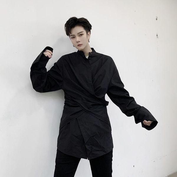 

men's casual shirts stage clothing men 2 ways to wear long sleeve shirt male women streetstyle fashion show dress, White;black